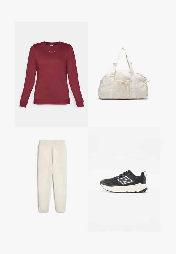 Bordeaux langærmet sweatshirt lavet af blødt materiale, med rund halsudskæring og broderet logo på brystet. Ribbenede manchetter og kant.; Lys beige sweatpants lavet af blødt stof, med elastisk talje, afslutning ved anklerne og et lille hvidt logo på siden.; Sort sportsko med et tekstureret stofoverdel, en kontrasterende hvid mellemsål og et fremtrædende gråt logo på siden. Gummisål med godt greb.; Domeformet hvid duffelpose lavet af tekstureret stof. Har to håndtag, lukning med snørrebånd og en sidelomme med lynlås.