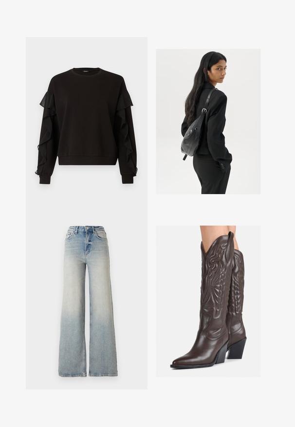 Zwarte trui met plooibare transparante stofaccenten op de mouwen, een ronde halslijn en een losse pasvorm met geribbelde boorden en zoom.; Lichtblauwe wijdlopende spijkerbroek van denim, met een hoge taille, vijf zakken en zichtbare stiksels langs de naden.; Bruine leren cowboylaarzen met een spitse neus en blokhak, voorzien van gedetailleerde stiksels en verhoogde accenten op de schacht.; Vrouw met lang donker haar in een zwart pak, met een zwart leren schoudertas, die over haar schouder kijkt tegen een witte achtergrond.; Zilveren creolen met een gedraaide ontwerp, voorzien van een gepolijste afwerking en een post-back sluiting. Meet ongeveer 3 cm in diameter.