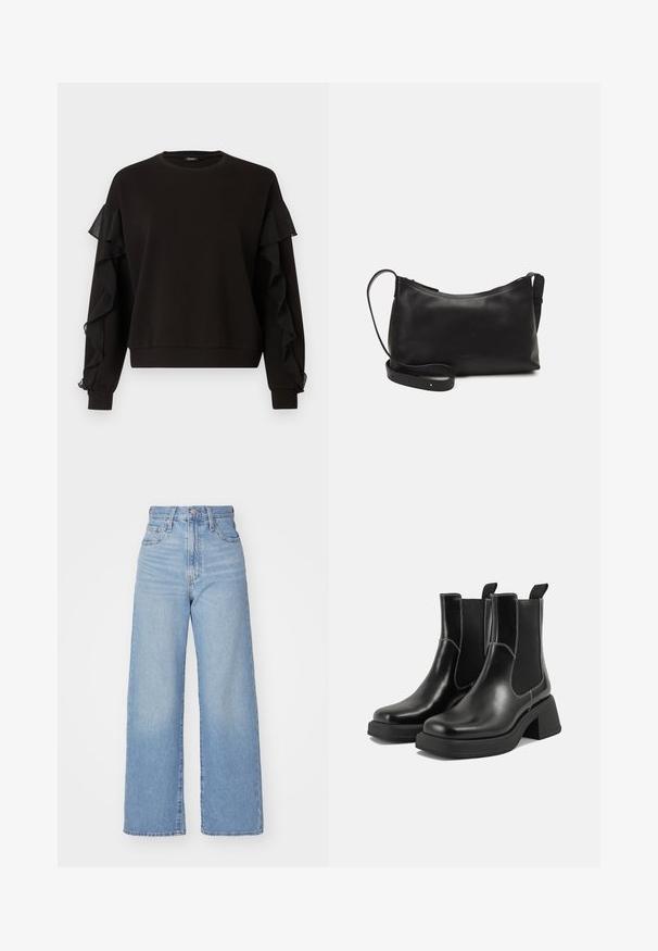 Felpa nera con dettagli in tessuto trasparente arricciato sulle maniche, scollo tondo e vestibilità comoda con polsini e orlo a coste.; Jeans a vita alta blu chiaro con gamba larga, chiusura frontale con bottone e zip, tasche anteriori e posteriori, su uno sfondo bianco.; Stivali Chelsea in pelle nera con tacco spesso, pannelli elasticizzati sui lati e cuciture bianche a contrasto. Finitura testurizzata.; Borsa a spalla in pelle nera con una texture liscia, forma curva, tracolla regolabile e chiusura con zip. Design minimalista senza ornamenti.