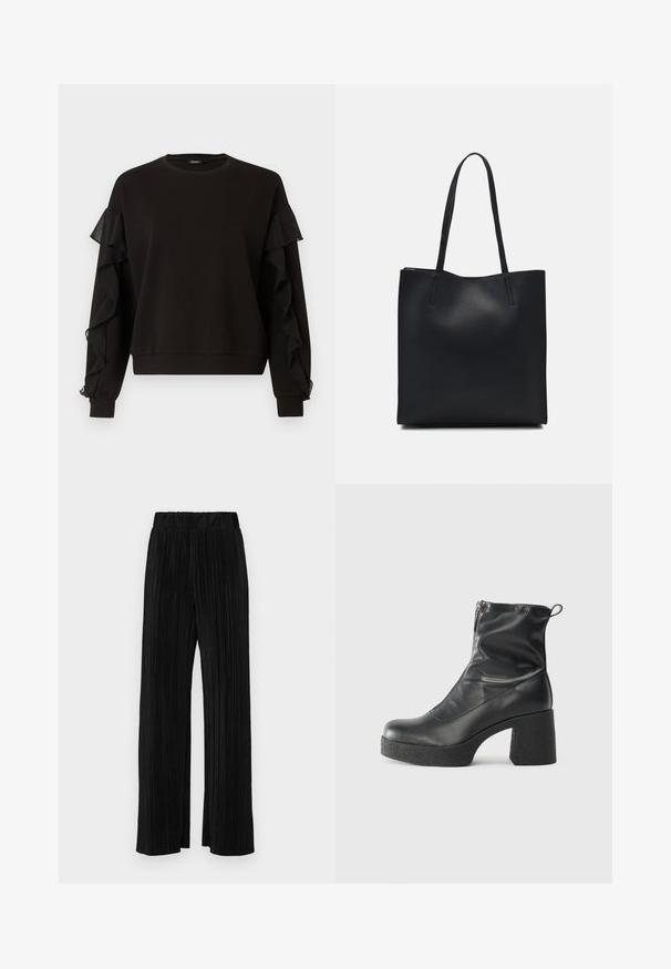 Black sweatshirt featuring ruffled sheer fabric accents on the sleeves, round neckline, and a relaxed fit with ribbed cuffs and hem.; Black pleated trousers with an elastic waistband. Features wide legs and a smooth, textured fabric with vertical stripes.; Black ankle boots made of smooth leather, featuring a side zipper, chunky textured heel, and rounded toe design.; Black leather tote bag with smooth texture, rectangular shape, and two long handles. No visible hardware or embellishments.