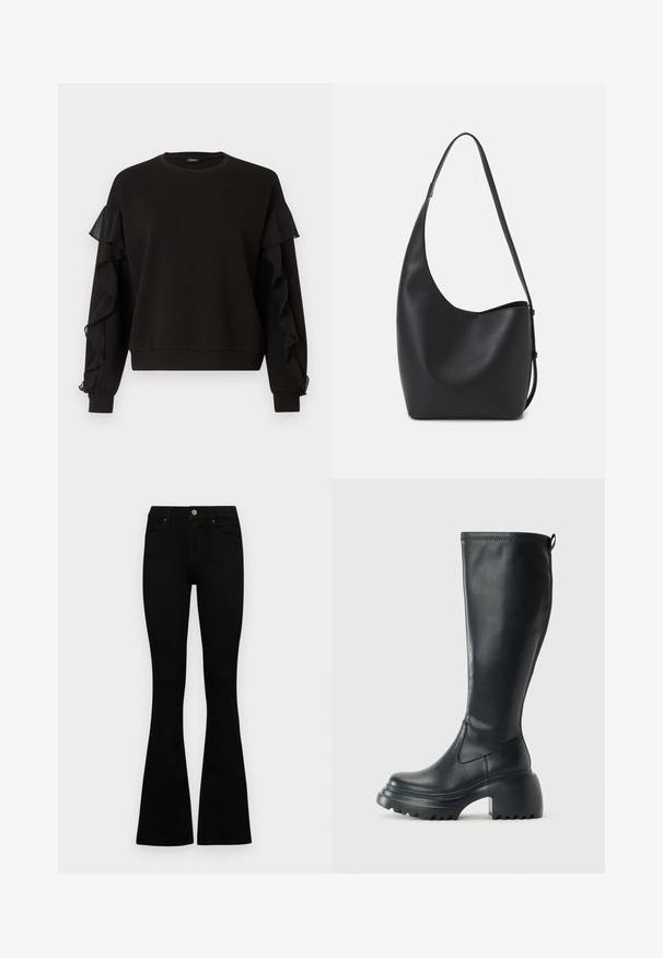Black sweatshirt featuring ruffled sheer fabric accents on the sleeves, round neckline, and a relaxed fit with ribbed cuffs and hem.; Black high-waist jeans with a button and zip closure, front pockets, and flared legs laid flat on a white background.; Tall black leather boot with chunky platform sole and block heel, featuring pull tab and textured tread on outsole.; Black leather hobo bag with a smooth texture, curved shape, and single adjustable strap; features a wide opening at the top.
