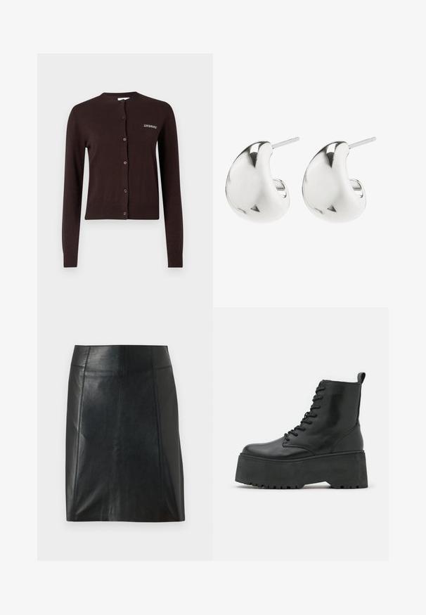 Ruskea neulecardigan, jossa on pitkät hihat, pyöreä kaula-aukko, etupainike suljenta ja "2ND DAY" -teksti vasemmalla puolella. Ribbaatut hihat ja helma.; Musta nahkahame, jossa on mukautuva muotoilu. Silkkinen pinta, saumat korostamassa muotoa ja suora helma. Minimalistinen ja tyylikäs ulkoasu.; Mustat nilkkurit paksulla pohjalla, valmistettu sileästä nahasta, jossa on nauhakiinnitys ja vetotuki takana.; Hopeiset nappikorvakorut, joissa on sileä, kaareva muotoilu. Niissä on kiillotettu pinta ja taustatappi, joka varmistaa turvallisen käytön.