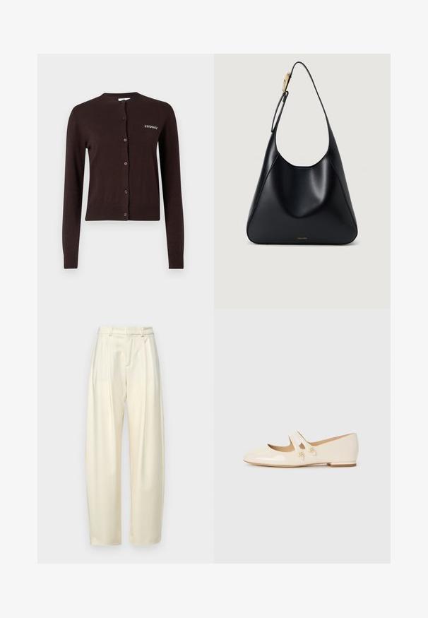 Brown knitted cardigan with long sleeves, round neck, front button closure, and "2ND DAY" text on the left side. Ribbed cuffs and hem.; Pleated, high-waisted trousers in light cream fabric. Features a straight cut and a smooth texture. No pockets or visible hardware.; Ivory patent leather ballet flats with two decorative straps and gold buttons, featuring a rounded toe and low block heel.; Black leather shoulder bag with a smooth texture, curved silhouette, and a gold hardware accent. Features embossed brand logo at the base.