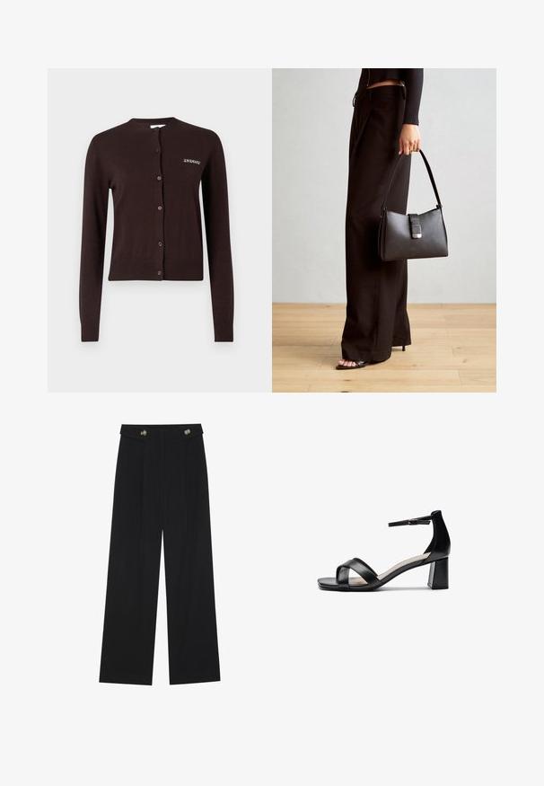 Brun strikket cardigan med lange ermer, rund hals, frontlukking med knapper og "2ND DAY"-tekst på venstre side. Ribbede mansjetter og hem.; Svart vide bukser med høy midje, knappdetaljer på midjebåndet og frontplisser.; Sorte åpen tå hælsandal med kryssede stropper, justerbar ankelstropp og kraftig hæl, med en jevn lærtekstur.; Svart håndveske med strukturert form, jevn tekstur og metallisk lås. Kombinert med brede svarte bukser og sandaler med åpen tå på tregulv.