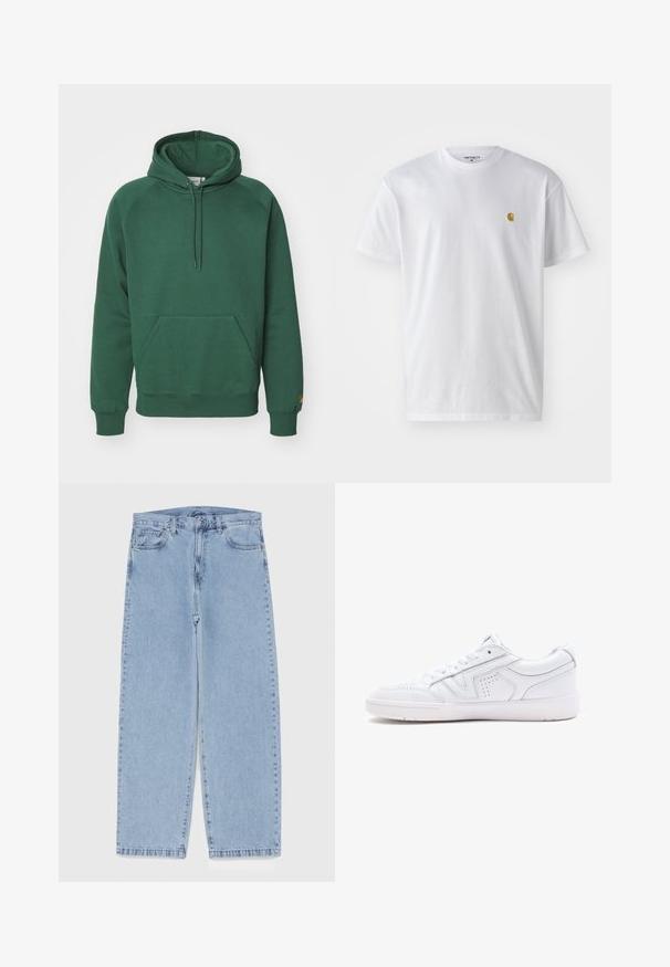 Carhartt WIP HOODED CHASE - Felpa - sycamore tree/gold; T-shirt bianco in cotone con maniche corte, con colletto girocollo, caratterizzato da un piccolo logo dorato sulla parte sinistra del petto. Tessuto morbido e vestibilità regolare.; Jeans in denim azzurro chiaro con design a gamba dritta, caratterizzati da una vita media, cinque tasche e chiusura con bottone e zip.; Sneaker in pelle bianca con design low-top, punta tonda, dettagli perforati e suola testurizzata. Presenta lacci e sottili accenti di cucitura.