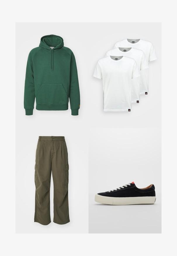 Carhartt WIP HOODED CHASE - Pusa - sycamore tree/gold; Kolm üksikut valget puuvillast T-särki lühikeste varrugatega. Igal särgil on ümmargune kaelus ja väike must logo sildik vasakul küljel.; Olivi rohelised cargo püksid, valmistatud puuvillast, laia jala disainiga, voldikute ja küljetaskutega praktilisuse huvides.; Must mustrasneaker mustmustraday valgetus valge nööritega, beež kummist tallaga ja punase aktsendiga kandade juures. Ümar nina ja minimaalne õmblusdetail.