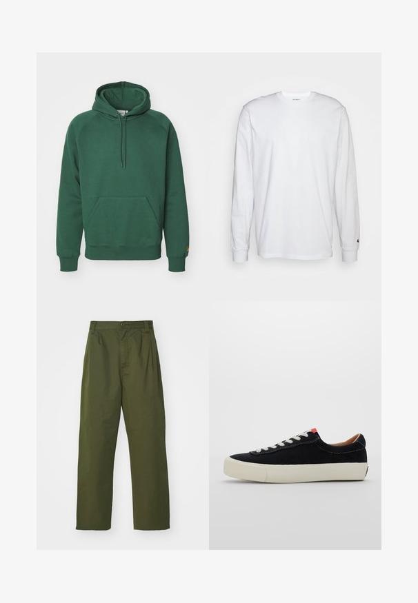 Carhartt WIP HOODED CHASE - Pusa - sycamore tree/gold; Valge pika varrukaga T-särk, mis on valmistatud puuvillast. Ümmargune kaelus, ribaga mansetid ja väike logo vasakul varrukal. Sile tekstuur.; Olive roheline, kõrge vöökoht ja sirge lõikega püksid. Valmistatud kergest kangast, ees on voldid ja nööpkinne.; Must mustrasneaker mustmustraday valgetus valge nööritega, beež kummist tallaga ja punase aktsendiga kandade juures. Ümar nina ja minimaalne õmblusdetail.