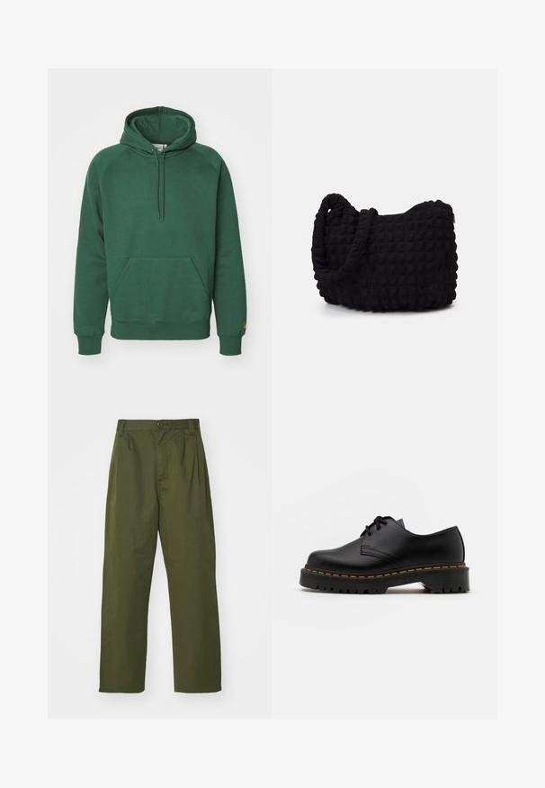 Carhartt WIP HOODED CHASE - Hoodie - sycamore tree/gold; Olijfgroene, hoge taille broek met een rechte pasvorm. Gemaakt van een lichtgewicht stof, met voorplooien en een knoopsluiting.; Zwarte leren veterschoen met een ronde neus, getextureerde rubberen zool en gele stiksels rond de basis. Plat ontwerp en een gladde afwerking.; Zwarte stoffen tas met een gestructureerd, gewatteerd patroon. Rondvormig, korte, dikke handvatten en een zachte, flexibele structuur.