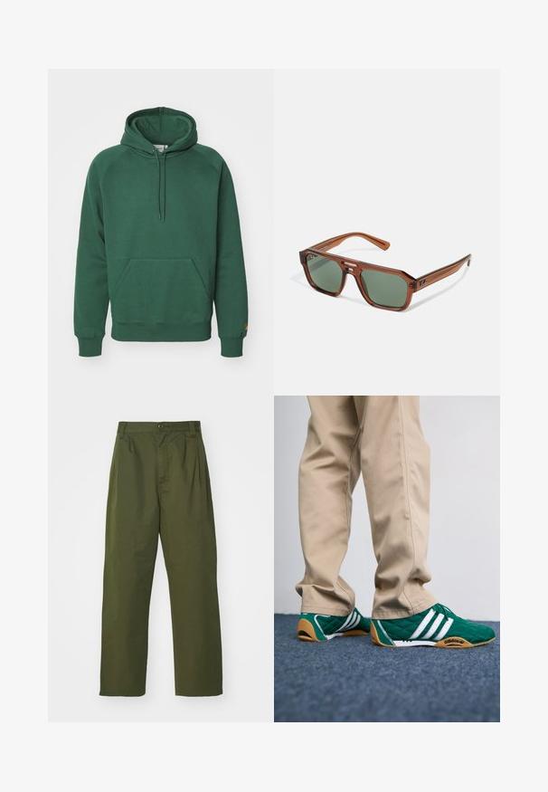 Carhartt WIP HOODED CHASE - Sweatshirt - sycamore tree/gold; Olivenfargede, høy midje-bukser med rette bein. Laget av et lett stoff, med frontfolder og knappelukking.; Grønne quiltede sneakers med hvide striber og brune gummisåler, parret med beige bukser. Designet har en lav profil og tekstureret materiale.; Brune transparente rektangulære solbriller med grønne linser. Funksjoner inkluderer en tykk plastramme og metalliske detaljer på templene.