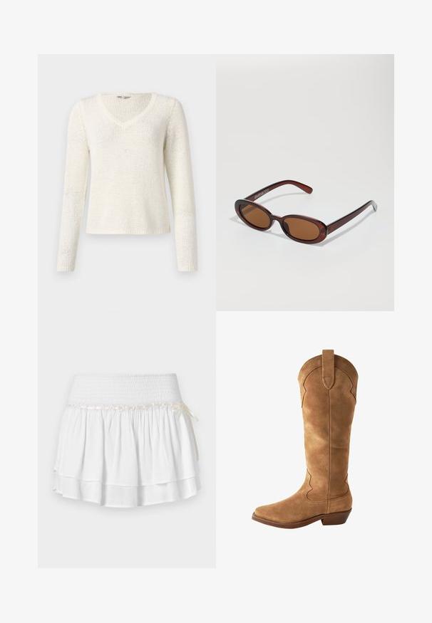 Off-white spalvos ilgo rankovio megztinis su V formos kaklu. Pasižymi laisvu kirpimu, tekstūruotu raštu ir paprastu apdailos kraštu. Lengvas audinys.; Balta bluzelė su trumpomis raukšlėtomis rankovėmis, apvaliu iškirpimu ir dekoratyvine nėrinių apdaila krūtinėje. Iš visų pusių su taškeliais.; Balta sluoksniuota sijonas su elastinga juostele, pasižymintis tekstūruota surišimo detale ir dekoratyvine juostos akcentu. Pagamintas iš medvilnės.; Rudos zomšos aukšti batai iki kelių su smailiu pirštu, išlenktos viršaus siluetas ir mažu kulnu. Pusėdrė žalia siuvinėjimo juosta palei šonus.; APvalūs, rudos spalvos saulės akiniai su blizgia burgundinės spalvos rėmeliu. Plonos šakutės su subtiliu ženklinimu. Lygus objektyvo dizainas.