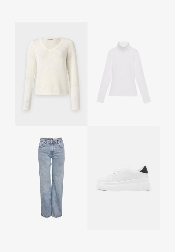 V-pääntie, pitkähihainen neulepaita off-white neuloksesta. Ominaisuuksina rento malli, teksturoitu kuvio ja yksinkertainen helma. Kevyt kangas.; Valkoinen pitkähihaisella poololla varustettu paita, joka on valmistettu sileästä ja joustavasta kankaasta. Ominaisuuksiin kuuluu korkeakauluksinen ja tiukka malli, ilman näkyviä kuvioita tai koristeita.; Vaaleansiniset leveälahkeiset farkut, jotka on valmistettu denimistä. Niissä on korkea vyötärö, viisi taskua ja hienovarainen kuluminen, joka luo käytetyn ilmeen.; Valkoiset alustasneakerit, jotka on valmistettu sileästä synteettisestä materiaalista. Niissä on pyöreä kärki, nauhakiinnitys ja teksturoitu kumipohja. Musta kantakorko korostaa ilmettä.