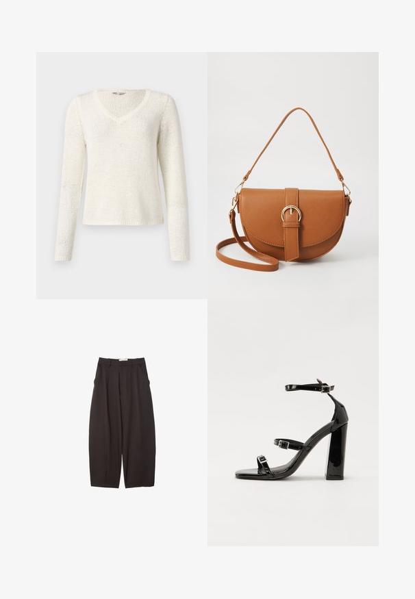 V-neck, long-sleeve sweater in off-white knit. Features a relaxed fit, textured pattern, and a simple hemline. Lightweight fabric.; Black wide-leg trousers made from a smooth fabric, featuring a high waist, front pleats, and side pockets. Simple design without embellishments.; Black patent high-heeled sandals with two buckle straps, square toe, and a chunky block heel, featuring a smooth, glossy texture.; Brown leather crossbody bag with a curved shape, gold hardware, and a buckle accent. Features a detachable shoulder strap.