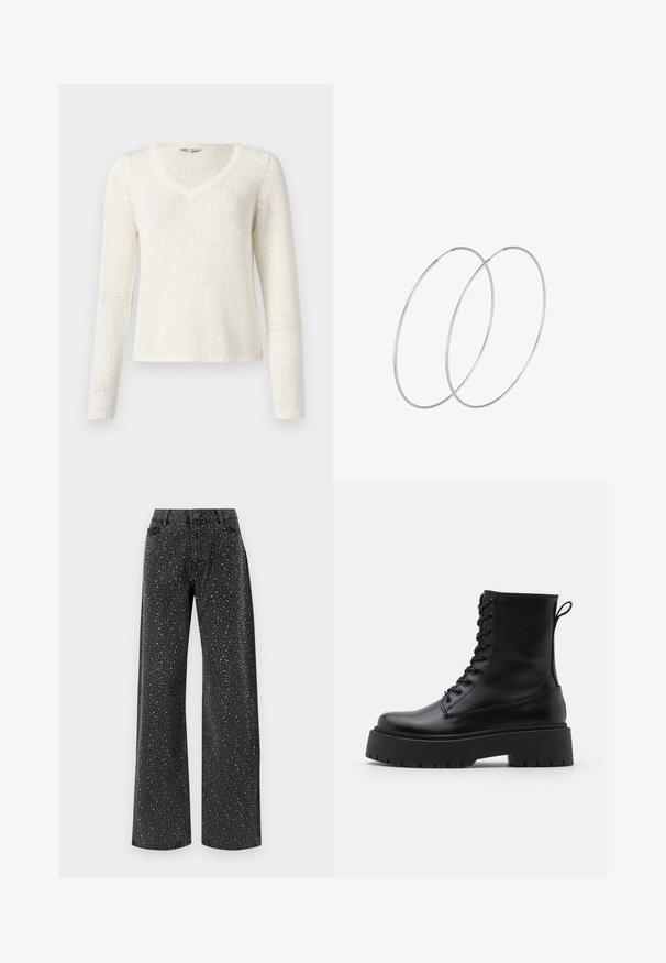 V-hals, langærmet sweater i off-white strik. Har en afslappet pasform, tekstureret mønster og en simpel kant. Letvægtsstof.; Noisy May NMJANNEL LOOSE - Jeans Relaxed Fit - black denim; Sorte læder ankelstøvler med rund tå, snørebånd foran og en tyk gummisål med struktureret slidbane. Hæfteløkke bagpå.; Sølvøreringe med et minimalistisk design. Cirkulær form, glat tekstur og tynd profil. Letvægtige med en poleret overflade.