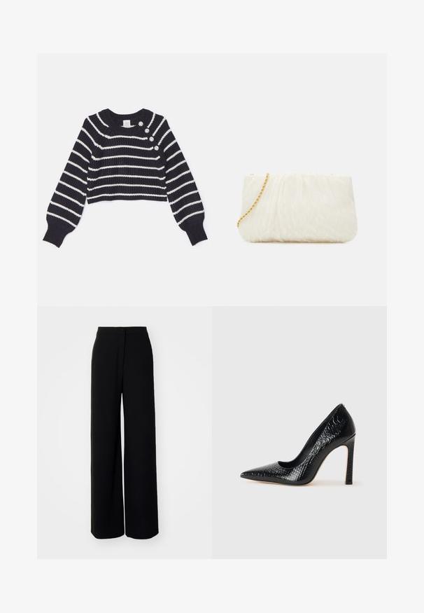Cinq à Sept KEREN - Neule - navy/ivory; Mustat leveälahkeiset housut, joissa on korkea vyötärö, sileä kangas, edessä napitettava suljenta eikä näkyviä taskuja, joissa on räätälöity istuvuus.; Musta kapea nilkkakorkokenkä krokotiilin nahkakuviolla, joka on varustettu tyylikkäällä muotoilulla, korkealla stiletto-korkealla ja sileällä mustalla sisäosalla.; Valkoinen teksturoitu laukku, jossa on kasattuja muotoja ja kultaketjuolkaimet. Sujuva pinta, jossa on hienovaraisia aaltoja ja pyöristetyt reunat.