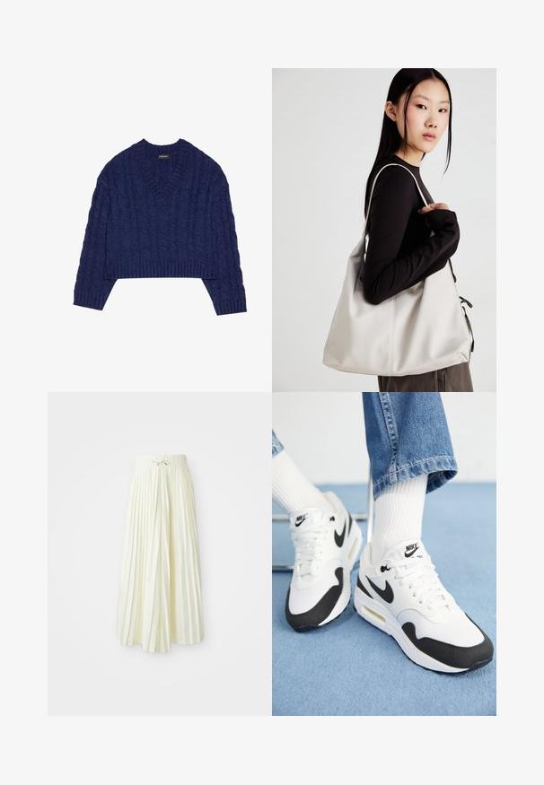 Marineblauwe cropped sweater met een V-hals, voorzien van een textuur van kabelbreiwerk en ribgebreide manchetten en zoom. Gemaakt van gebreide stof.; Gerimpelde midi-jurk in lichtgele stof, voorzien van een elastische tailleband met een strik, een gladde textuur en verticale strepen voor extra details.; Nike Air Max sneakers in het wit en zwart, met een bovenwerk van mesh, een gevoerde zool en iconische logo-accenten. Textuuroverdracht nabij de zool.; Beige handtas gemaakt van zacht materiaal, met een slonzig ontwerp, gestikte details en twee schouderbanden. Geschikt voor dagelijks gebruik.