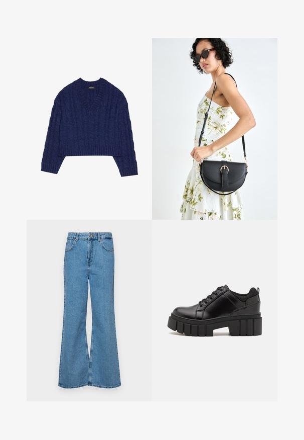 Tummansininen lyhyt neulepaita, jossa on V-kaula-aukko ja teksturoitu palmikkoneulekuvio. Tässä paitassa on joustavuudellinen hihansuut ja helma. Valmistettu neuloksesta.; Vaaleansiniset leveälahkeiset farkut, joissa on korkea vyötärö, viisi taskua ja yksi napin sulkeminen. Pehmeä pinta, jossa on haalistunut viimeistely.; Mustat nahkakengät, joissa on lättihenkinen korko, pyöreä kärki ja perinteinen nauhakiinnitys. Ominaisuuksiin kuuluu sileä pintakuvio ja minimaalinen yksityiskohtaisuus.; Musta nahkainen käsilaukku, joka on kaareva muotoilultaan, irrotettavalla hihnalla ja kultaisilla yksityiskohdilla. Laukussa on läppä, jossa on solk yksityiskohta.