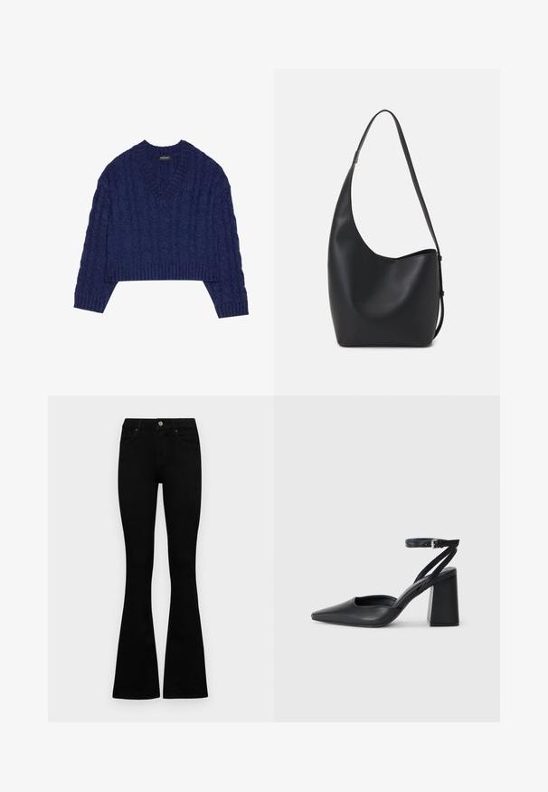 Marineblå kortermet genser med V-hals, med et teksturert kabelstrikket mønster og ribbestrikkede mansjetter og kant. Laget av strikket stoff.; Sorte høytlivsjeans med knapp og glidelås, frontlommer og utsvingte bein liggende flatt på en hvit bakgrunn.; Svart lær pumps med spiss tå, ankelrem og kraftig hæl. Flat tekstur, strømlinjeformet design og minimalisme.; Svart lær hobo-veske med glatt tekstur, buet form og enkelt justerbart stropp; har en bred åpning på toppen.