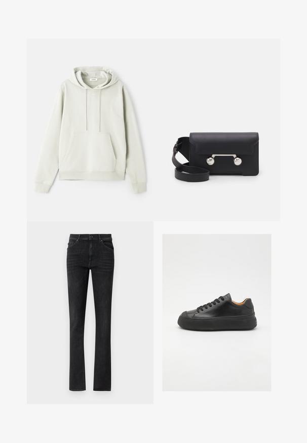 Hanorac gri deschis, realizat dintr-un material moale, având o buzunare tip cangur, glugă ajustabilă cu șnur și un logo minimalist pe față.; Blugi negri din denim cu un croi drept, având buzunare în față și închidere cu nasture. Textură netedă cu o decolorare subtilă.; Tenis de piele neagră cu vârf rotund, cu șireturi pe față, textură netedă, talpă groasă din cauciuc și interior contrastant de culoare bej.; Geantă din piele neagră, tip crossbody, cu închidere prin clapetă, accesorii din metal de culoare argintie și două accente rotunde. Dispune de o curea detașabilă. Textură netedă.