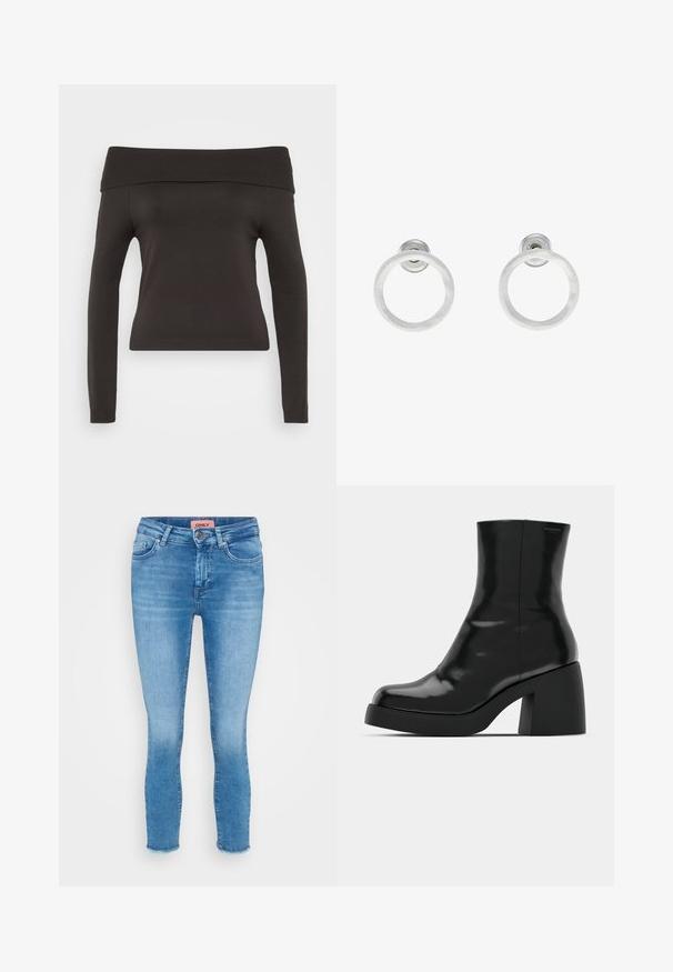 Zwarte off-the-shoulder trui met lange mouwen. Gemaakt van rekbare stof, met een ribgebreide halslijn en een getailleerd ontwerp.; Drie lange mouw crop tops gestapeld, in de kleuren wit, beige en gedempt teal, met ronde halslijnen op een lichtgrijze achtergrond.; Lichtblauwe skinny jeans van denim met een middenhoge taille, vijf-pocketdesign en ruwe zoomdetail bij de enkels. Merkenlabel zichtbaar bij de taille.; Zwarte enkellaarzen met een glanzende afwerking, vierkante neus en een dikke blokhak. Het ontwerp heeft een naadloze silhouet en minimale branding.; Zilveren metalen ringoorbellen met een geborstelde textuur, met een ronde vorm en een transparante bevestiging voor een veilige draagwijze.