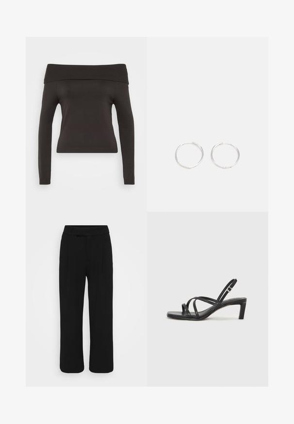 Juodas megztinis be petnešų, su ilgomis rankovėmis. Pagamintas iš elastingos medžiagos, turi raukšlėtą iškirptę ir prigludusį dizainą.; Juodos plačios kelnės, pagamintos iš sklandžios medžiagos, turinčios lygią priekinę dalį, diržo kilpas ir nematomus kišenių. Švarus, pritaikytas dizainas.; Juodi šlepetės su kvadratiniu pirštu ir žemu bloku kulnu. Yra keli ploni dirželiai ir reguliuojamas kulkšnies diržas. Pagaminti iš lygios odos.; Sidabrinės auskarai žiedai su sėslia, apvalia forma, pasižymintys lygia paviršiumi ir be matomų puošmenų. Svoris nenurodytas.