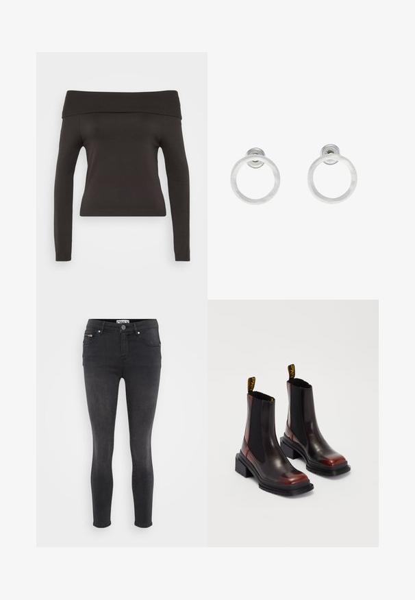 Czarny sweter typu off-the-shoulder z długimi rękawami. Wykonany z elastycznego materiału, z prążkowanym dekoltem i dopasowanym krojem.; Czarne slim fit dżinsy wykonane z denimu. Posiadają zapięcie na guzik z przodu oraz zapinaną na zamek kieszeń w pasie. Gładka tekstura z minimalnym blaknięciem.; Dr. Martens MAYBOLE CHELSEA ciemnoczerwony; Srebrne metalowe kolczyki w kształcie obręczy z matową teksturą, z okrągłym wzorem i przezroczystym zapięciem typu post, zapewniającym bezpieczne noszenie.