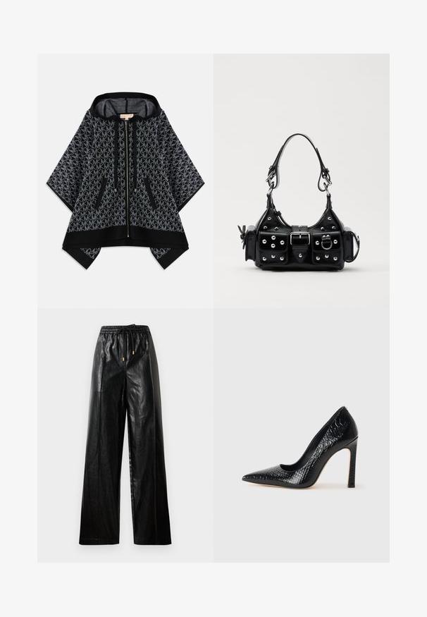 Black hooded poncho with a textured gray pattern featuring a repeating logo. Two zippered pockets and a front zipper closure. Soft fabric.; Black cropped tank top featuring a repeated white MK logo pattern, round neckline, and wide shoulder straps. Smooth texture.; Black leather wide-leg pants with an elastic waistband, drawstring, and gold hardware accents. Smooth texture and loose fit.; Black pointed-toe high heel shoe with a crocodile-skin texture, featuring a sleek design, high stiletto heel, and smooth black interior.; Black leather handbag with a curved design, featuring silver studs, a buckle, and two side pockets. Adjustable strap for carrying options.