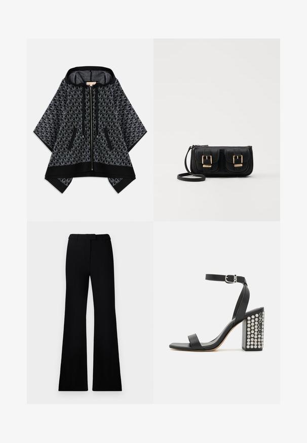 Zwarte capuchon poncho met een gestructureerd grijs patroon met een herhalend logo. Twee ritszakken en een rits aan de voorkant. Zachte stof.; Zwarte uitlopende broek met een soepele textuur, een op maat gemaakte tailleband en voorzakken, ontworpen met een elegante, moderne silhoeët.; Zwarte leren haksandalen met een enkelbandje. Met een vierkante neus, een gladde textuur en een vierkante blokhak versierd met zilveren studs.; Zwarte leren schoudertas met twee vo pockets, gouden gespen, ritsluiting en een smalle band. Tekstuur oppervlak en compacte rechthoekige vorm.