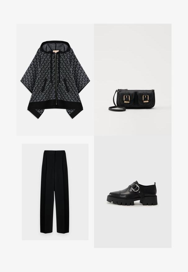 Poncho nero con cappuccio, caratterizzato da un motivo grigio testurizzato con logo ripetuto. Due tasche con zip e chiusura frontale con zip. Tessuto morbido.; Pantaloni neri a gamba larga con vita alta, dotati di pieghe e una texture liscia. Il tessuto sembra leggero e si drappeggia in modo elegante.; Scarpe in pelle nera con suola spessa e rigata, dotate di un accento in metallo argentato a forma circolare e dettagli di cucitura minimal.; Borsa a tracolla nera in pelle con due tasche frontali, fibbie dorate, chiusura con zip e una tracolla sottile. Superficie texturizzata e forma rettangolare compatta.