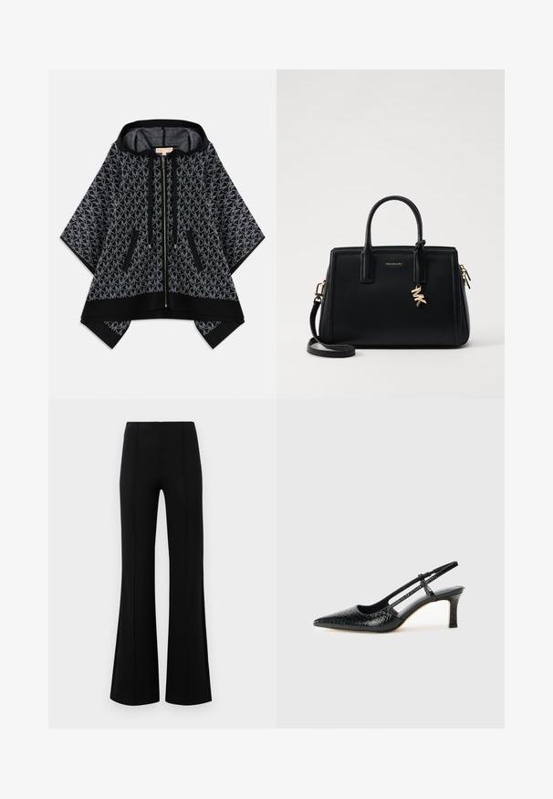Poncho nero con cappuccio, caratterizzato da un motivo grigio testurizzato con logo ripetuto. Due tasche con zip e chiusura frontale con zip. Tessuto morbido.; Pantaloni neri a zampa d'elefante con vita alta, realizzati in tessuto elastico. Presentano dettagli di cucitura verticale nella parte anteriore e una texture liscia.; Slingback con tacco in vernice nera con punta affusolata, caratterizzato da una stampa a serpente testurizzata, cinturino regolabile e un tacco corto e testurizzato.; Borsa a tracolla in pelle nera con design strutturato, manici superiori doppi, tracolla rimovibile, accessori in oro e charm con logo.