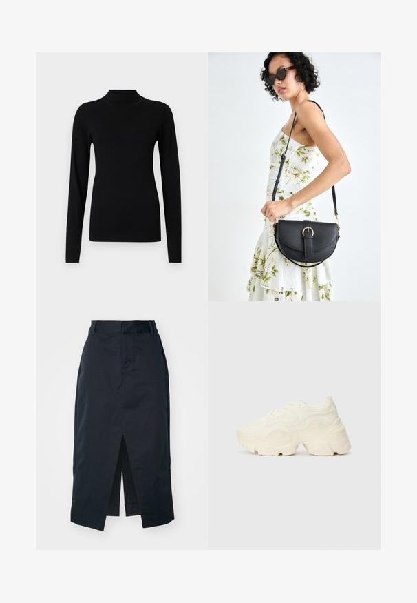 Sort turtleneck sweater lavet af glat, letvægtigt stof. Har lange ærmer og tætsiddende manchetter, med ribbet tekstur ved kanten.; Mørkeblå midi-skirt lavet af en bomuldsblanding, med en frontslids, en skjult lynlås og sidelommer for funktionalitet.; Chunky hvide sneakers lavet af tekstureret mesh og syntetiske materialer, med en tyk sål og intrikate mønsterdetaljer langs siderne.; Sort læderhåndtaske med en buet form, aftagelig rem og guldfinish. Tasken har en klap med en spænde detalje.