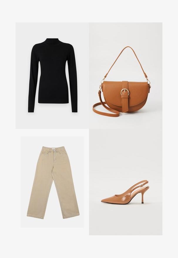 Czarny sweter z golfem wykonany z gładkiego, lekkiego materiału. Posiada długie rękawy i dopasowane mankiety, z prążkowaną teksturą na dolnym brzegu.; Beżowe spodnie typu wide-leg z denimu, z wysokim stanem, przednimi kieszeniami i kontrastującymi szwami. Projekt zawiera zapięcie na guzik.; Sandały na obcasie z kwadratowym noskiem, wykonane z gładkiego, błyszczącego materiału w kolorze brązowym. Charakteryzują się zaokrąglonym wycięciem i smukłym obcasem typu stiletto. Detal w postaci srebrnej klamry.; Brązowa skórzana torba na ramię o zaokrąglonym kształcie, ze złotymi akcentami i zapięciem w formie klamry. Posiada odpinany pasek na ramię.