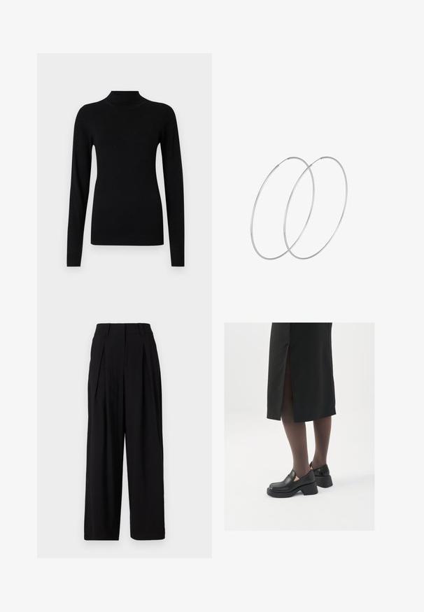Maglione nero a collo alto realizzato in tessuto morbido e leggero. Caratterizzato da maniche lunghe e polsini aderenti, con texture a costine all'orlo.; Pantaloni neri a gamba larga realizzati in tessuto morbido, con vita alta, pieghe sul davanti e una silhouette fluida.; Scarpe in pelle nera con punta arrotondata, tacco spesso a blocco e accenti laterali in elastico, abbinate a collant scuri e una gonna nera con uno spacco.; Orecchini a cerchio in argento con un design minimalista. Forma circolare, superficie liscia e profilo sottile. Leggeri con una finitura lucida.