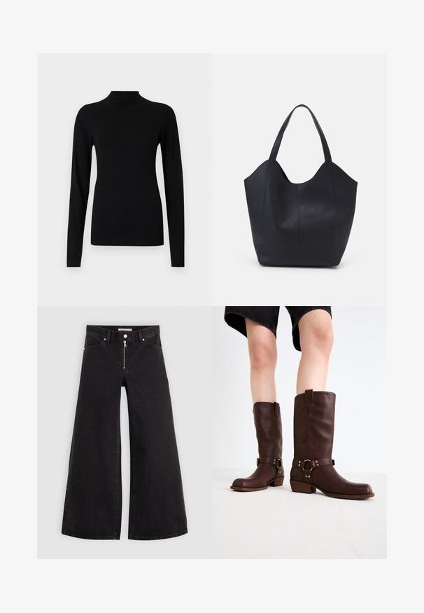 Suéter negro de cuello enrollado hecho de una tela suave y ligera. Presenta mangas largas y puños ajustados, con textura de canalé en el dobladillo.; Jeans de pierna ancha en denim negro con cierre frontal, diseño de cinco bolsillos y detalles de costura sutiles. Textura suave y estilo casual.; Botas de cuero marrón hasta la rodilla con punta redonda, superficie texturizada, correa en el tobillo y detalles de hardware plateado; tacón apilado.; Bolso tote negro fabricado en cuero liso, con un diseño minimalista que presenta un borde superior curvado y dos asas para el hombro.