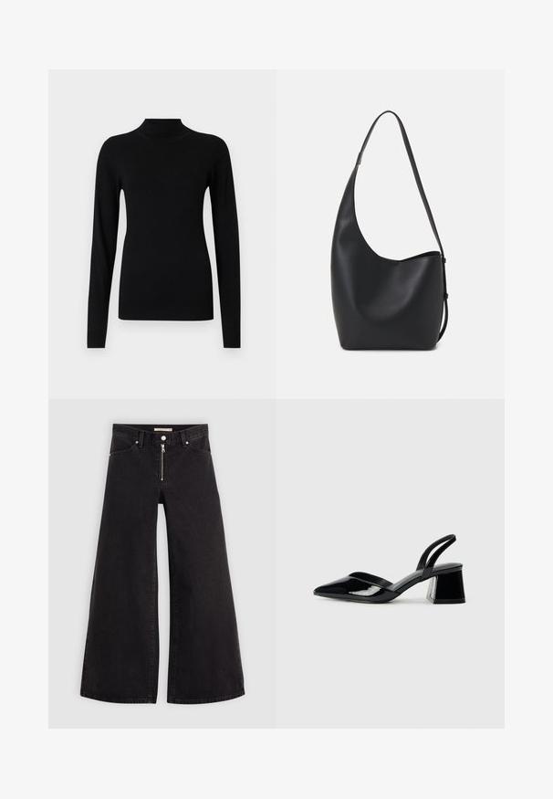 Pulover negru cu guler înalt, fabricat dintr-un material fin și ușor. Are mâneci lungi și manșete ajustate, cu textură ribbed la tiv.; Jeans cu picioare largi din denim negru, cu fermoar în față, design cu cinci buzunare și detalii subtile de cusătură. Textură netedă și stil casual.; Pantofi cu toc slingback din piele lacuită neagră, cu vârf ascuțit și toc geometric. Prezintă un design elegant, minimalist și o textură netedă.; Geantă hobo din piele neagră, cu o textură netedă, formă curbată și un singur bretele ajustabil; are o deschidere largă în partea de sus.