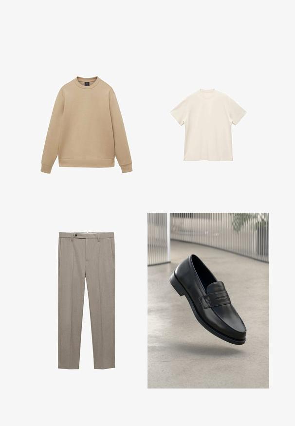 Beige sweatshirt tillverkad av mjukt material. Har rund halsringning, långa ärmar och ribbade muddarna med en rak fåll. Minimalistisk design.; T-shirt med kort ärm och rund halsringning i mjukt, off-white tyg, med en slät textur och sidofack för en avslappnad passform.; Beige skräddarsydda byxor med en slät yta, rak passform och en enda framknapp. Har sidfickor och en ren fåll.; Svart lädersko med slät struktur, spetsig tå och en dekorativ rem över fotryggen. Lätt sula, minimalistisk design.