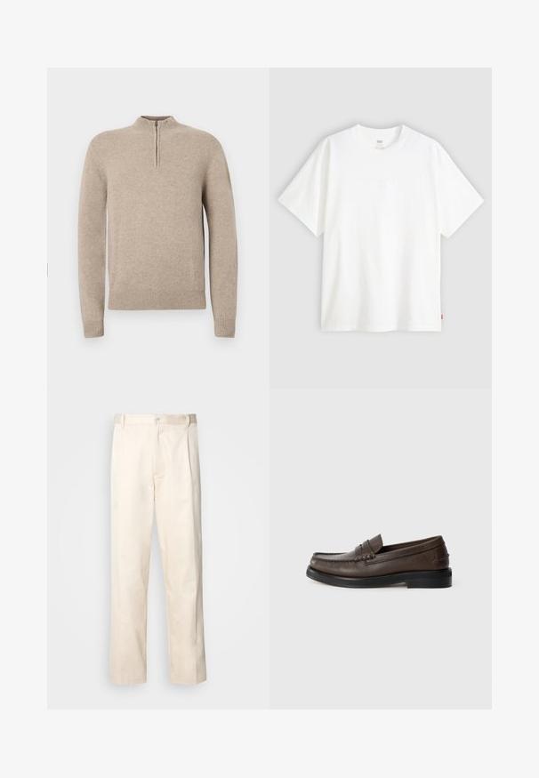 Beige strikket genser med halv glidelås i kragen, ribbestrikkede mansjetter og nederkant. Glatt tekstur med en tettsittende silhuett.; Hvit t-skjorte med korte ermer laget av bomull, med rund hals. Har diskret preget logo detalj foran og en rød etikett på kanten.; Beige bomullsbukser med rett benfatt, med knappelukking og folder foran for ekstra detaljer.; Brun lærloafer med sydd detalj på tåen, flat såle og lav stablet hæl. Jevn tekstur med minimalistiske designelementer.