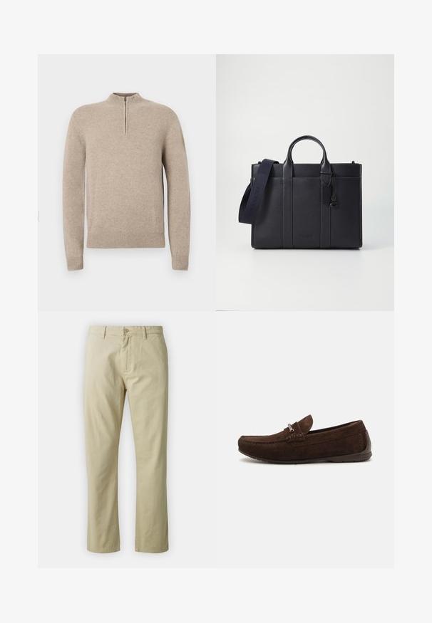Beige kötött pulóver félcipzárral, bordás mandzsettákkal és szegélyezéssel. Simaság jellemzi, testhezálló fazonnal.; Beige színű, egyenes lábú pamut nadrág, elöl gombos záródással és övhurkokkal. Simaság jellemzi, látható minták vagy díszítések nélkül.; Barna velúr lófaragók, varrott mintázattal, finom textúrával, kerek orral és ezüst hardware díszítéssel. Alacsony gumi talp a kényelem érdekében.; Sötét tengerészkék bőr aktatáska, dupla felső fogantyúval és levehető pánttal. Texturált felülettel, függőleges varrással és logó részlettel rendelkezik.