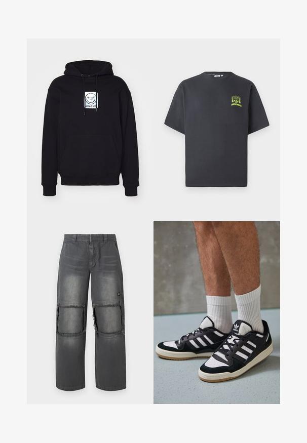 Sudadera negra de tejido suave, con un gráfico centrado de una cara sonriente. Cuenta con un bolsillo frontal y una capucha ajustable con cordón.; Camiseta de Adidas en gris carbón con mangas cortas y un pequeño gráfico en neón verde de altavoces, sol y el logo de Adidas en el lado izquierdo del pecho.; Pantalones de mezclilla gris de corte relajado, con parches desgastados en las rodillas, costuras en contraste y un pequeño logo en el costado.; Zapatillas en blanco y negro con parte superior de ante y cuero, que presentan tres franjas blancas, una puntera perforada y una suela de goma.