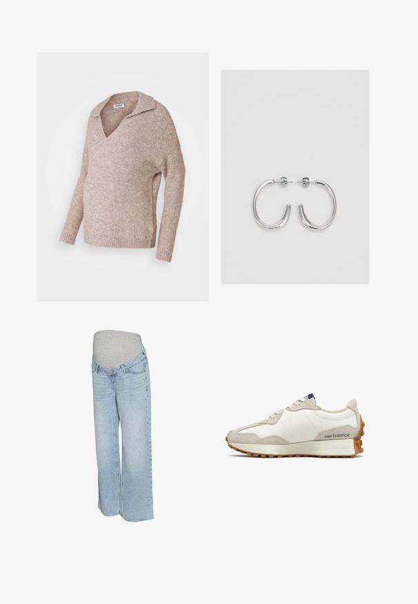 Hele beež värvelda, v-kaelusega ja kraega. Pehme tekstuur, pikad varrukad, lõdva istuvusega ja ribaga ääred.; Helehelesed sinised teksad halli venitatava vöökohtaga, laia säärega disain ja traditsiooniline viie taskuga stiil. Sile tekstuur koos kulunud pesu efektiga.; Valge ja beež toss, mille pealiskihiks on sile nahk ning millel on seemisnaha aktsendid. Omab ümarate paeltega kinnitust, pehmet talla ning tekstureeritud kummist välistalla.; Hõbedast rõngaskõrvarõngad sileda ja läikiva pinnaga, kõveriku kujuga ning postitaksega sulgur. Minimalistlik disain kaasaegse viimistlusega.