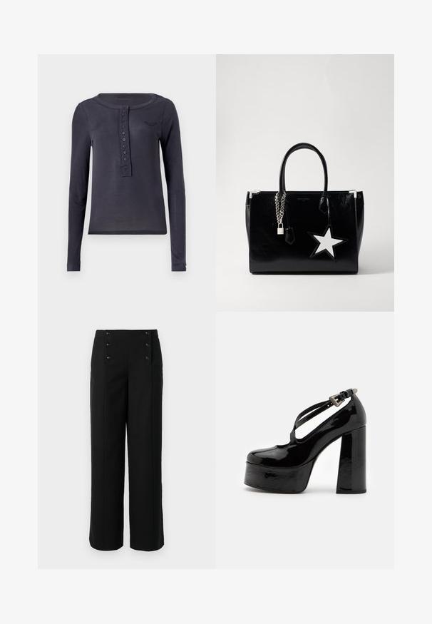Koszula henley z długim rękawem w kolorze granatowym, wykonana z lekkiego materiału, z zapięciem na guziki i małym haftowanym logo na piersi.; Czarne spodnie szerokie wykonane z gładkiego materiału, z wysokim stanem i pięcioma guzikami z przodu do zapięcia. Elegancki, dopasowany krój.; The Kooples CHAUSSURES czarny; Czarna torebka z lakierowanej skóry o eleganckim kształcie. Posiada srebrne metalowe elementy, zamek i biały akcent w kształcie gwiazdy z boku.