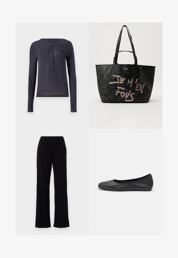 Langärmliges Navy-Henley-Shirt aus leichtem Material mit Knopfleiste und kleinem gestickten Logo auf der Brust.; Schwarze, leichte, elastische Hose mit geradem Bein. Weicher Stoff ohne sichtbare Muster oder Akzente. Schlichter und vielseitiger Stil.; Schwarze Leder-Ballettschuhe mit abgerundeter Spitze, glatter Textur, minimalen Nähdetails und einem flexiblen Sohlen-Design.; Schwarze Tote-Bag aus strukturiertem Material mit Rautenmuster, Schulterriemen und auffälligem roten und weißen Text "JE M'EN FOUS."