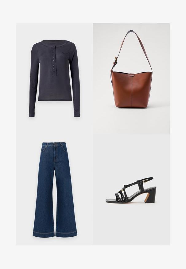 Long-sleeve navy henley shirt made of lightweight material featuring a buttoned placket and a small embroidered logo on the chest.; Wide-leg blue denim jeans with a high waist, featuring a button closure, belt loops, and subtle stitching details along the pockets and hems.; Paul Smith AMIRA - Classic heels - black; Brown leather shoulder bag with a curved shape, smooth texture, and a single thin strap. Features a subtle seam and a small logo detail.