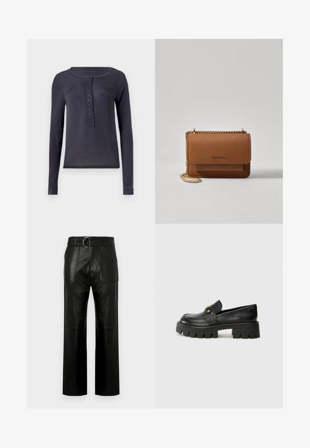 Námořnická polokošile s dlouhým rukávem vyrobená z lehkého materiálu, se zapínáním na knoflíky a malým vyšitým logem na hrudi.; Vysoké čierne kožené nohavice s širokými nohavicami, veľkými prednými vreckami a zodpovedajúcim opaskom s dvojitým krúžkovým sponou.; Čierne kožené mokasíny s masívnou podrážkou, s akcentom v zlatej farbe na prednej strane a hladkým povrchom. Na podrážke je výrazný dezén.; Hnedá textúrovaná kožená taška cez telo s zlatým reťazovým popruhom a preklopným uzáverom. Predná strana obsahuje detail s logom a vrecko pod preklopkou.