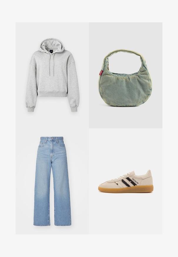 Grey cropped hoodie made of soft fabric, featuring a drawstring hood, ribbed cuffs, and a relaxed fit. Branding displayed on the neckline.; Light blue high-waist wide-leg jeans with front button and zip closure, front and back pockets, on a white background.; Beige suede sneaker with black stripes and "Spezial" text, features a textured gum rubber sole and classic lace-up design.; Light blue denim handbag with short padded handle and small red Levi's logo tag on the side, set against a plain background.