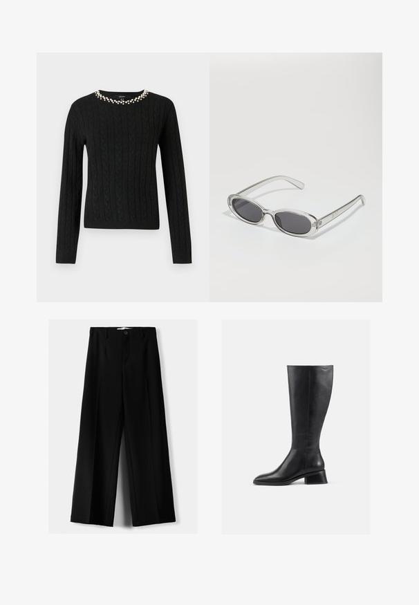 Czarny sweter w splot warkoczowy z długimi rękawami i okrągłym dekoltem ozdobionym rzędem sztucznych pereł wzdłuż kołnierza.; Czarne spodnie szerokie, wykonane z lekkiego materiału, z zapięciem na guzik z przodu i gładkim przodem, z starannie wykończonymi brzegami.; Czarne skórzane botki do kolan z okrągłym noskiem i niskim, blokowym obcasem. Charakteryzują się gładką teksturą i minimalnymi detalami szycia.; Okulary przeciwsłoneczne w owalnym kształcie, z przezroczystą plastikową oprawą, ciemnoszarymi soczewkami oraz cienkimi przezroczystymi ramionami z akcentami logo i minimalnymi detalami.; Beżowa torebka wykonana z miękkiego materiału, charakteryzująca się luźnym fasonem, wyszywanymi detalami i dwoma uchwytami na ramię. Idealna na co dzień.