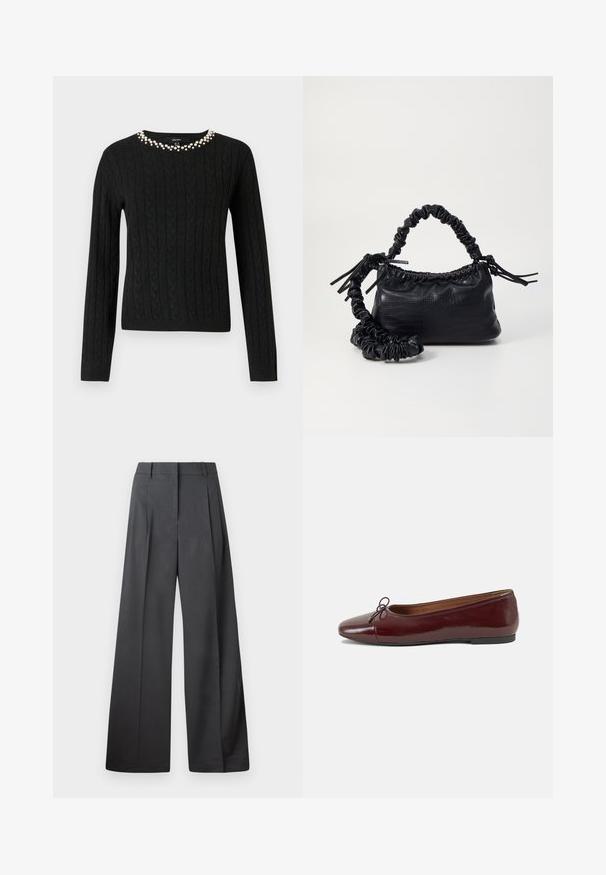 Černý svetr s pleteným vzorem, dlouhými rukávy a kulatým výstřihem ozdobeným řadou umělých perel podél límce.; Široké kalhoty z tmavě šedé látky, s vysokým pasem, jedním skladem a hladkou texturou s čistým zakončením na lemech.; Burgundské lakové baleríny s kulatou špičkou, malou mašlí vpředu a nízkou černou gumovou podrážkou. Hladký povrch.; Černá kabelka z umělé kůže s krokodýlím vzorem, staženým vrškem a zmačkaným popruhem. Zdá se, že má měkký a kompaktní design.