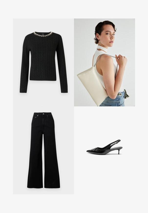 Mustra musternööriga must soe kampsun pikade varrukatega ja ringkraega, mille krae ääres on valehelmeste rida.; Mustad laia säärega teksad, mis on tehtud deniimist, kõrge vöökoht, viis taskut, esikinnitus nööbiga ja minimaalsed õmblused.; Musthave nahkased kõrged kontsad, millel on terav varvas, väike kitten-kont ja dekoratiivne sõlm ees. Ühtlane sile tekstuur.; Valge ristkülikuline kotti, mis on valmistatud läikivast materjalist, hõbedase ahelsangaga. Mudel poseerib, tutvustades kotti ühtlase taustaga.