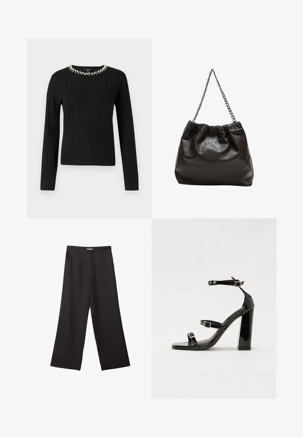 Mustat kaapelikuvioiset neulepaidat pitkillä hihoilla ja pyöreällä kaula-aukolla, jossa on rivi tekoperiä kauluksen ympärillä.; Mustat leveälahkeiset housut, jotka on valmistettu sileästä kankaasta. Niissä on edessä vetoketju ja kaksi sivutaskua, ja niiden muotoilu on räätälöity ja minimalistinen.; Musta kiiltävä korkokenkä sandaalit neliönmuotoisella varpaalla, nilkkaremmillä ja hopeisilla soljilla. Varustettu tukevalla lohkokorkealla vakauden takaamiseksi.; Ruskea nahkainen laukku, jossa on kerätty yläosa ja ketjuhihna. Tasainen pinta, jossa kiiltävä viimeistely ja hienovaraiset sauman yksityiskohdat sivuilla.