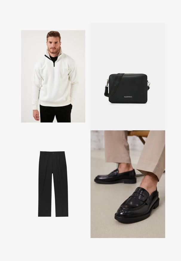 Valkoinen villapaita pehmeästä kankaasta, jossa on puolivetoketjukaulus mustilla yksityiskohdilla. Suunnittelussa on ribbaatut hihansuut ja rento istuvuus.; Mustat housut suoranlahkeisella muotoilulla, valmistettu sileästä kankaasta. Ominaisuuksiin kuuluu etupleateet ja yksi nappikiinnitys vyötäröllä.; Musta nahkakengät, joissa on sileä pinta, koristetasku ja kontrastisomistus, yhdistettynä vaaleanbeigeihin housuihin.; Musta suorakulmainen olkalaukku, joka on valmistettu teksturoidusta materiaalista ja jossa on hopeinen kiinnitys sekä brändätty säädettävä hihna.