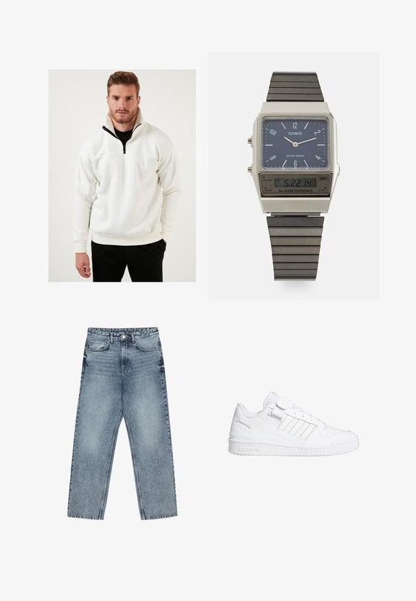 Balts džemperis, izgatavots no mīksta auduma, ar puszipa apkakli un melniem akcentiem. Dizains ietver ribotas piedurknes un brīvu piegriezumu.; Gai zilu džinsu bikses ar taisnu kāju griezumu, redzamām šuvēm, piecu kabatu dizainu un pogu aizdari jostasvietā.; Balti sporta apavi ar gludu ādas virsmu, caurumiem pie pirkstiem, trim svītru akcentiem un Velcro siksnu. Gumijas zole ar zīmola detaļu.; Casio digitālā pulksteņi ar zilu ciparnīcu, sudraba korpusu un slāņainu melnu gumijas siksniņu. Parāda laiku un trauksmes iestatījumus. Ūdensizturīgs.